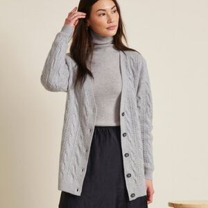 Garnet Hill Cashmere Cabled Boyfriend Button Cardigan Gray XL